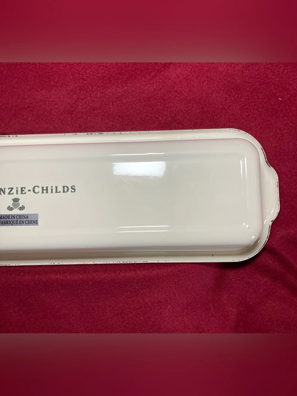 Mackenzie Childs White Flower Market Enamelware Baguette Dish 18” Bread Pan